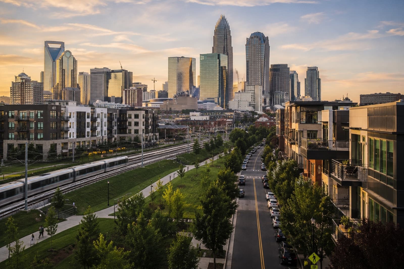The uptown Charlotte skyline at sunset seen from South End, with the Blue Line light rail and the Rail Trail greenway in the foreground